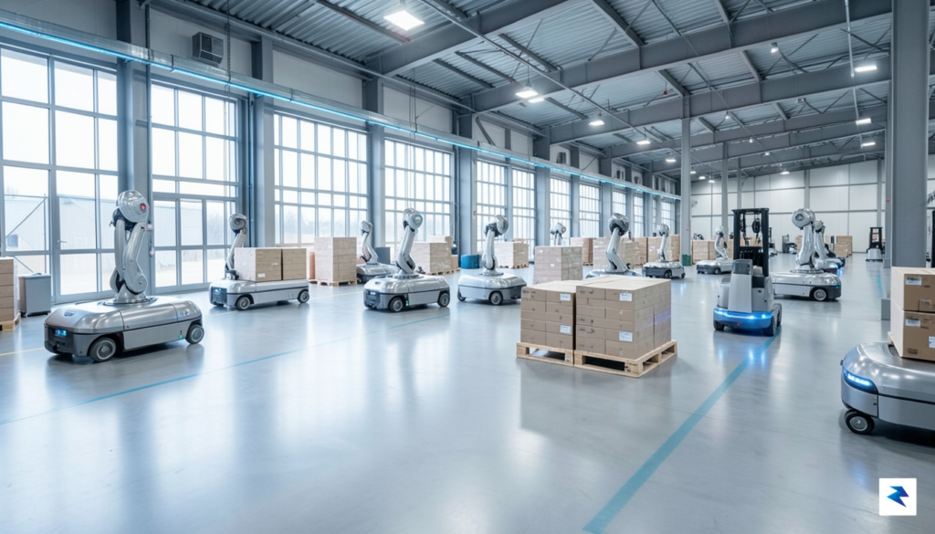 A high-tech, futuristic logistics warehouse showing automated robotic freight units…