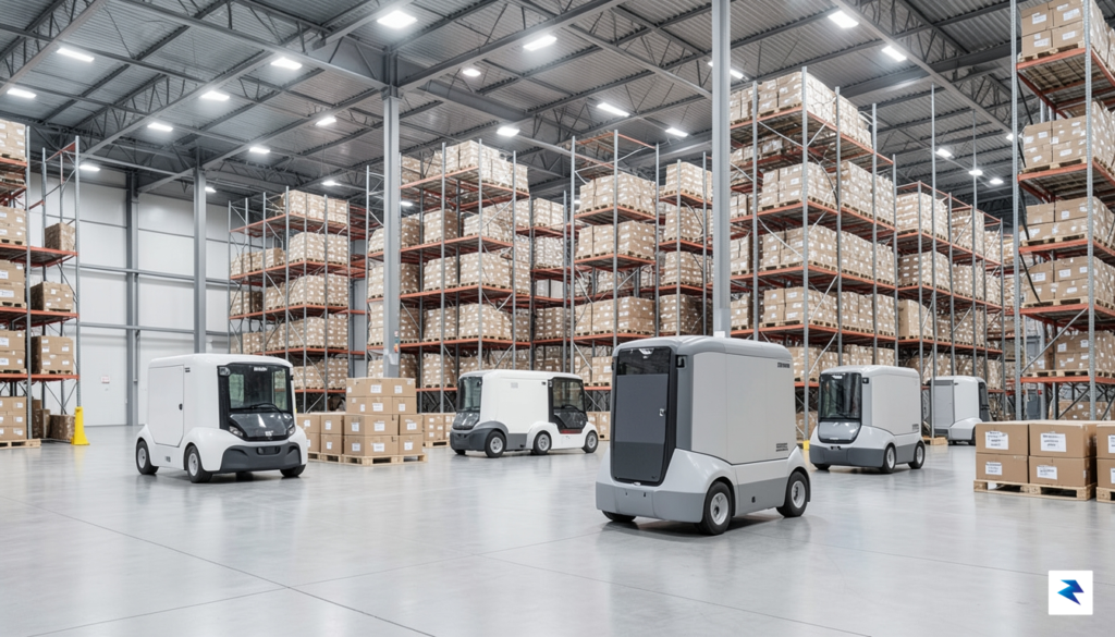 A modern, high-tech logistics warehouse interior featuring autonomous freight vehicles…