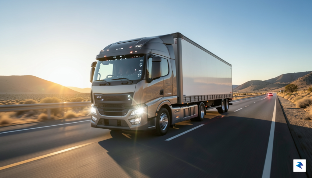 A sleek, autonomous freight truck driving down a sunset-lit highway,…