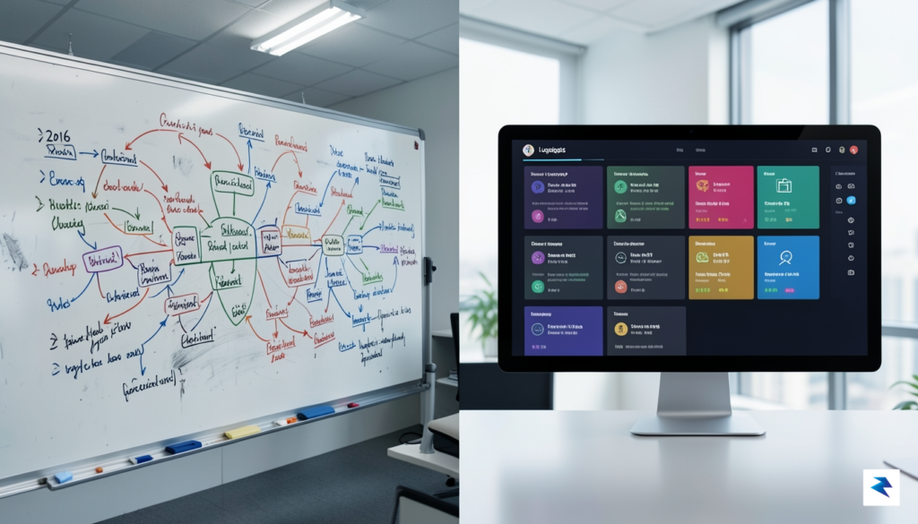 A conceptual illustration showing a split-screen view: on the left,…