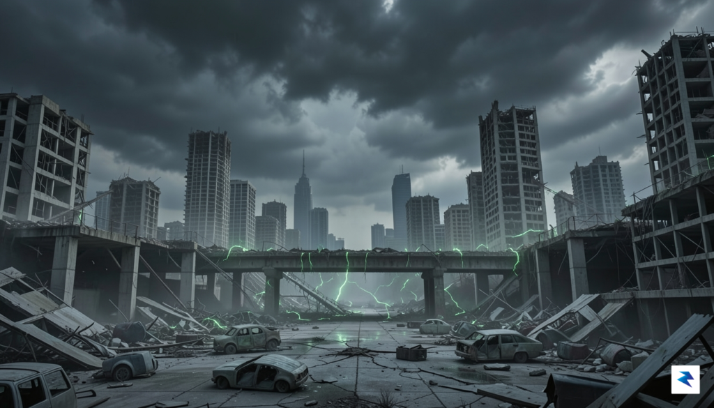 A wide cinematic shot of a ruined cityscape under a…