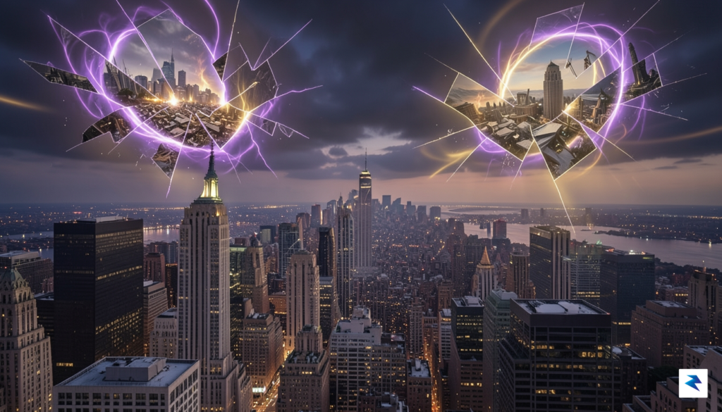 A cinematic wide shot showing a shattered sky over New…