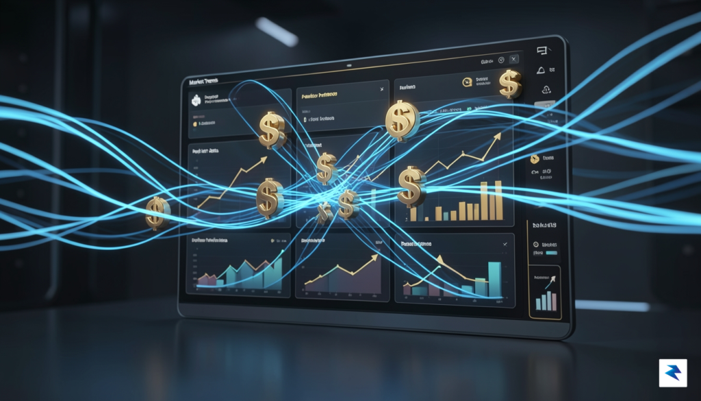 A conceptual 3D render showing data streams and financial symbols&hellip;
