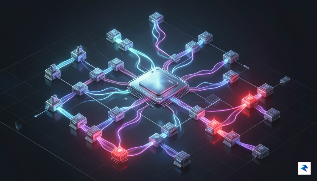 A 3D isometric visualization of a complex data pipeline showing&hellip;