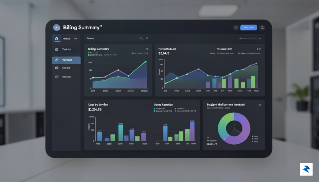 A professional digital dashboard showing a clean, modern AWS billing…