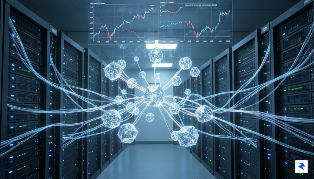 A conceptual digital visualization showing a complex web of interconnected…
