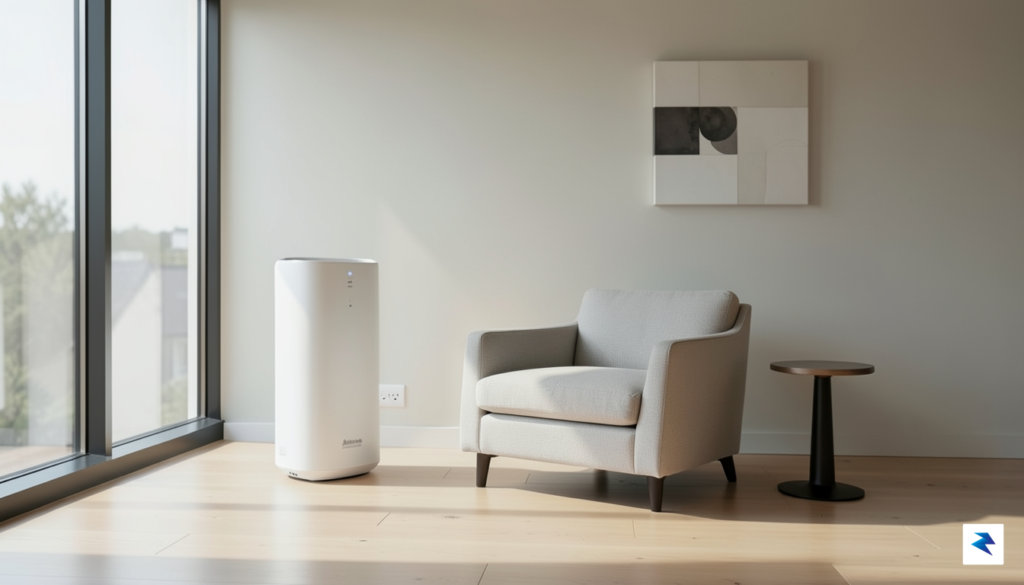 A minimalist, high-end living room featuring the Balmuda NatureWind Studio…