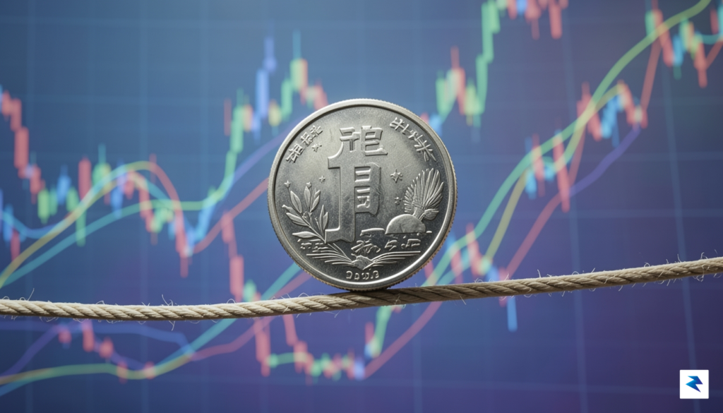 A conceptual digital illustration showing a Japanese yen coin balancing&hellip;