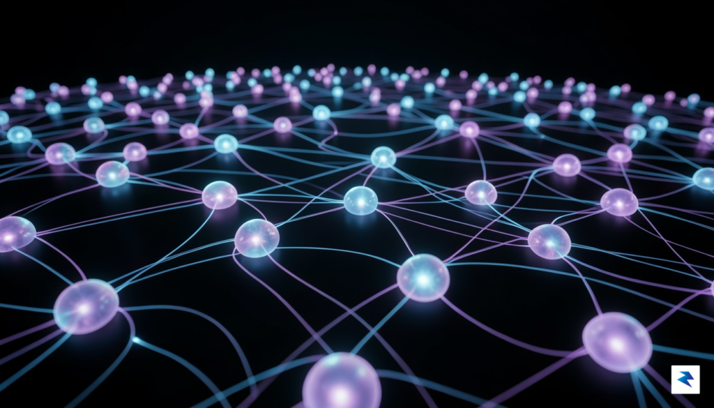 A conceptual digital visualization of a glowing, interconnected blockchain network…