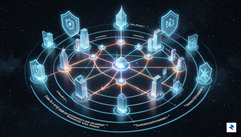 A conceptual digital illustration showing a secure, glowing blockchain network…