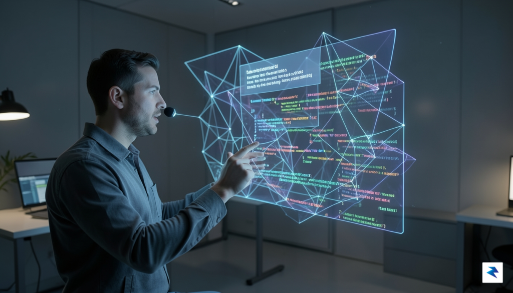 A developer or designer interacting with a glowing holographic interface,&hellip;