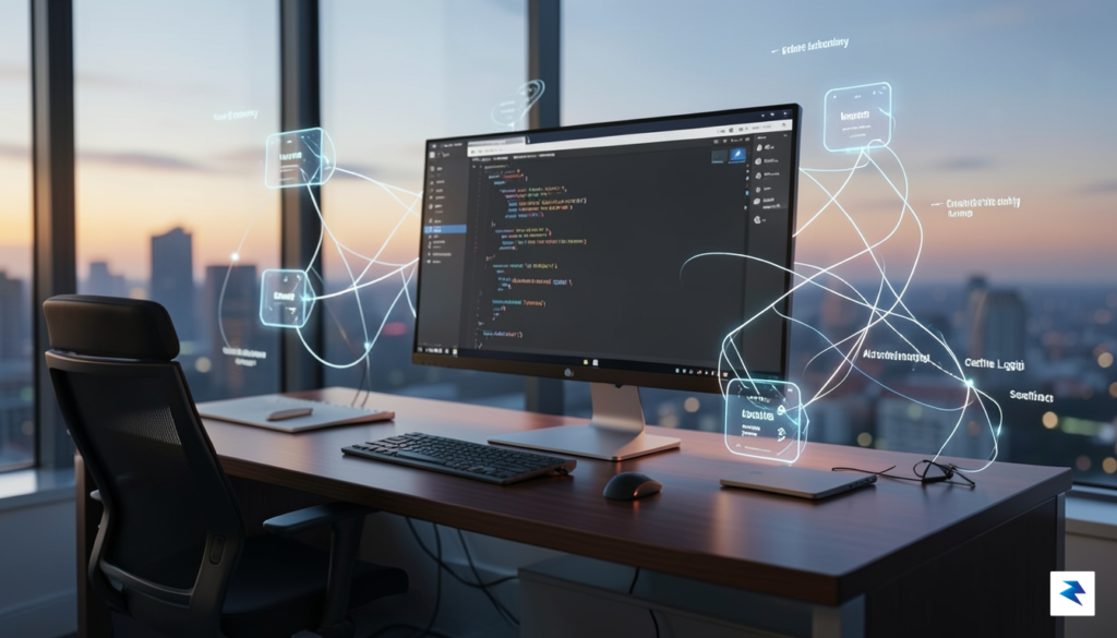 A conceptual digital illustration showing a developer&rsquo;s workspace with floating&hellip;