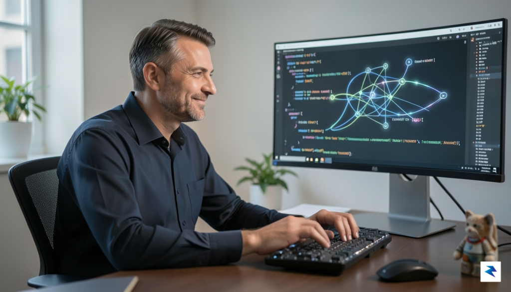 A developer at a computer, looking satisfied as code flows&hellip;