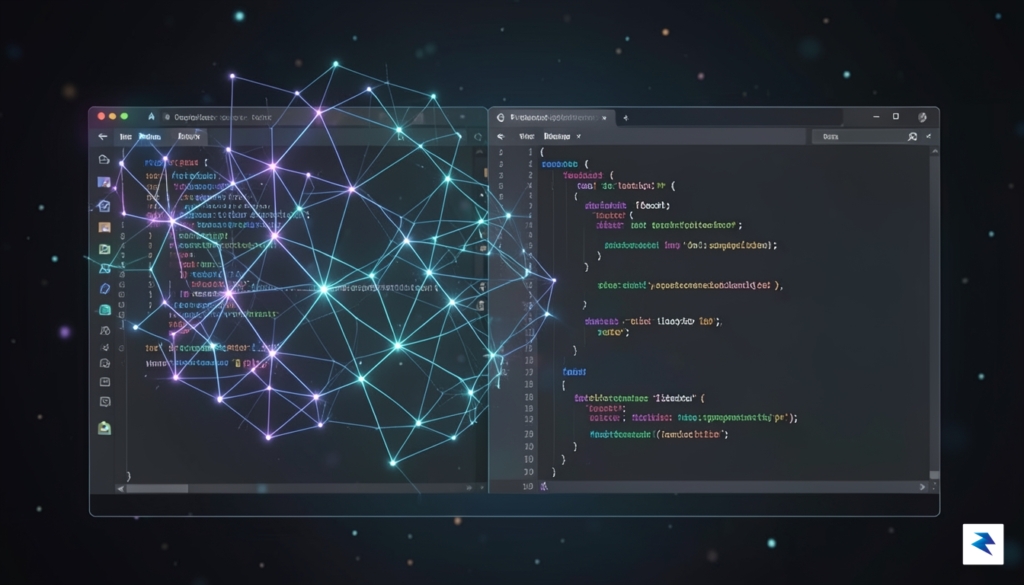 A sleek, futuristic digital workspace showing a glowing neural network&hellip;