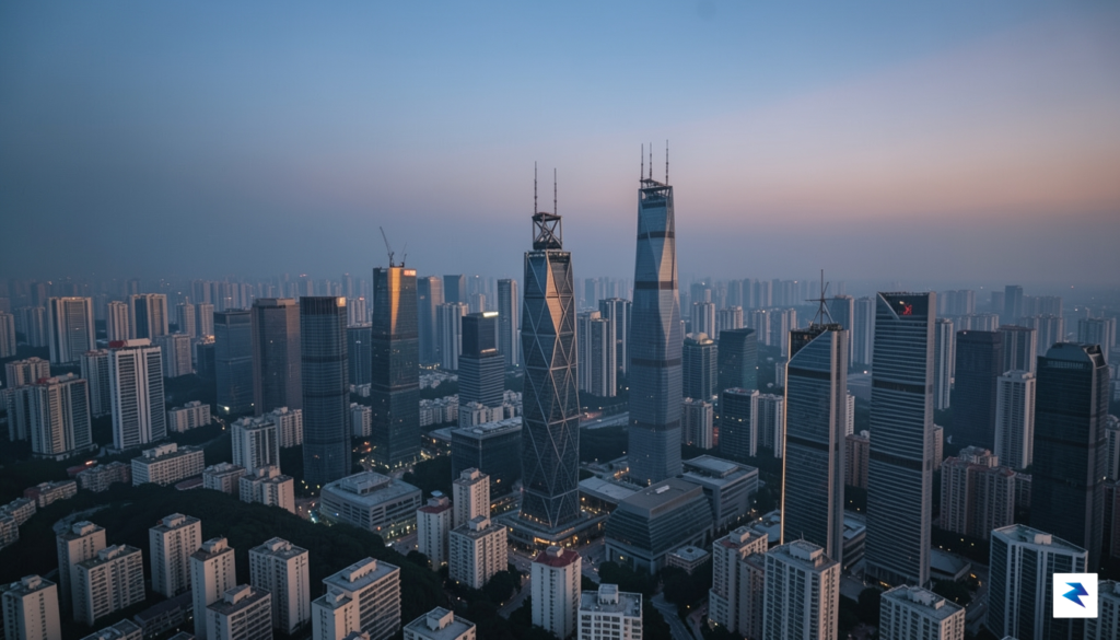 A high-angle, cinematic view of the Beijing skyline at twilight,…