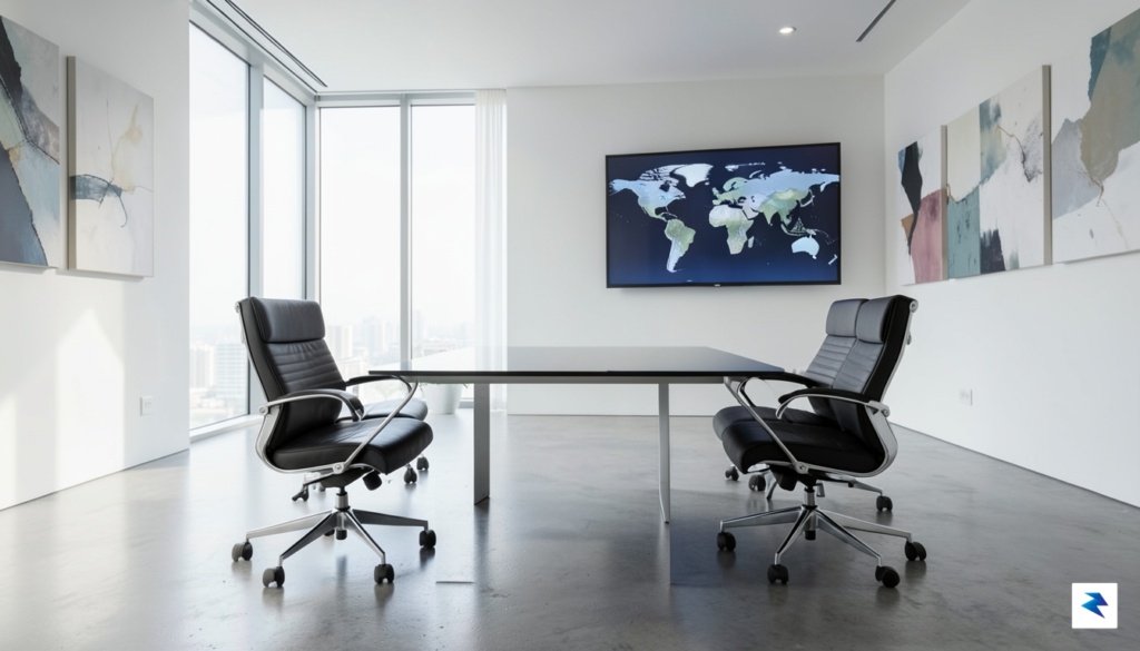 A wide-angle shot of a quiet, modern conference room with…