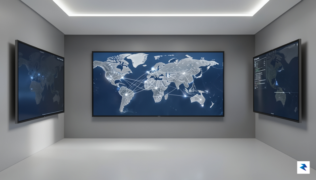 A modern, minimalist command center interior showing a digital map…