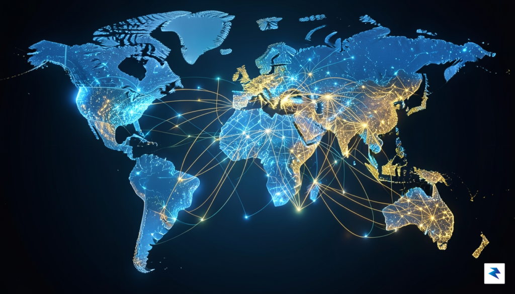 A high-resolution photo of a digital map showing global network…