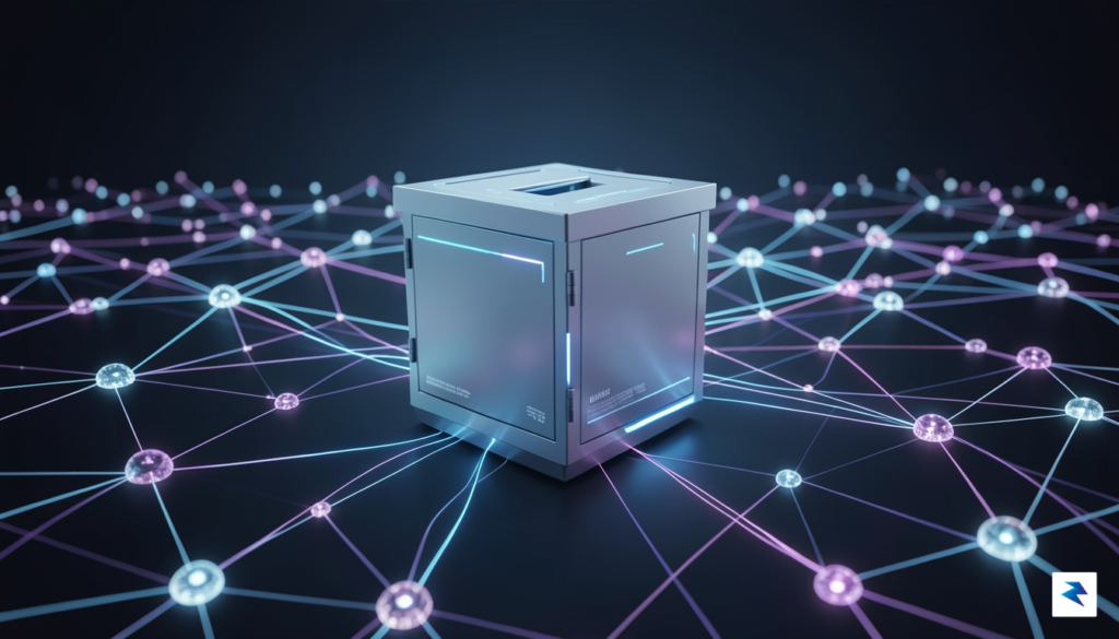 A conceptual digital art piece showing a high-tech ballot box…