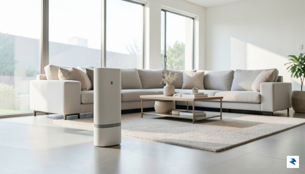 A modern, sleek air purifier placed in a spacious, well-lit…