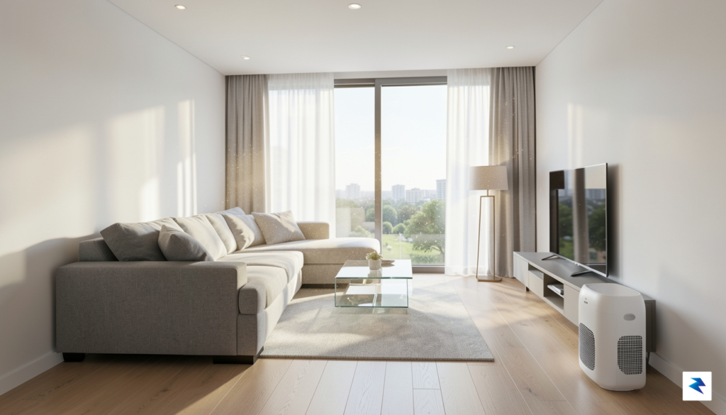 A high-resolution, realistic interior shot of a modern living room…