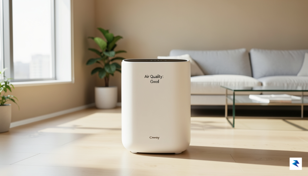 A sleek, minimalist Coway Airmega air purifier sitting in a…