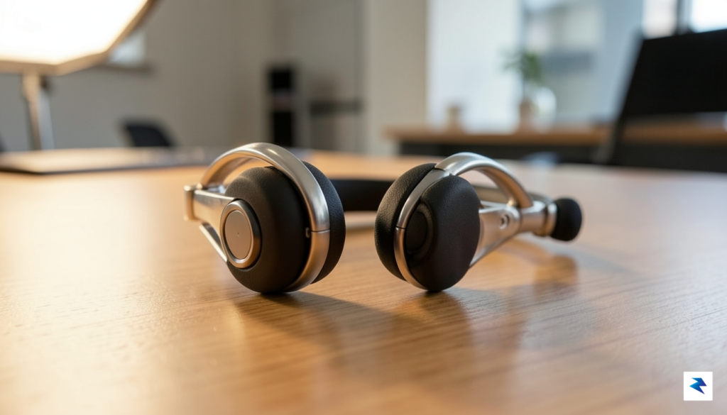 A close-up, high-resolution shot of a sleek titanium-framed bone conduction…