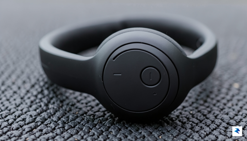 A close-up macro shot of a sleek, matte-black bone conduction…