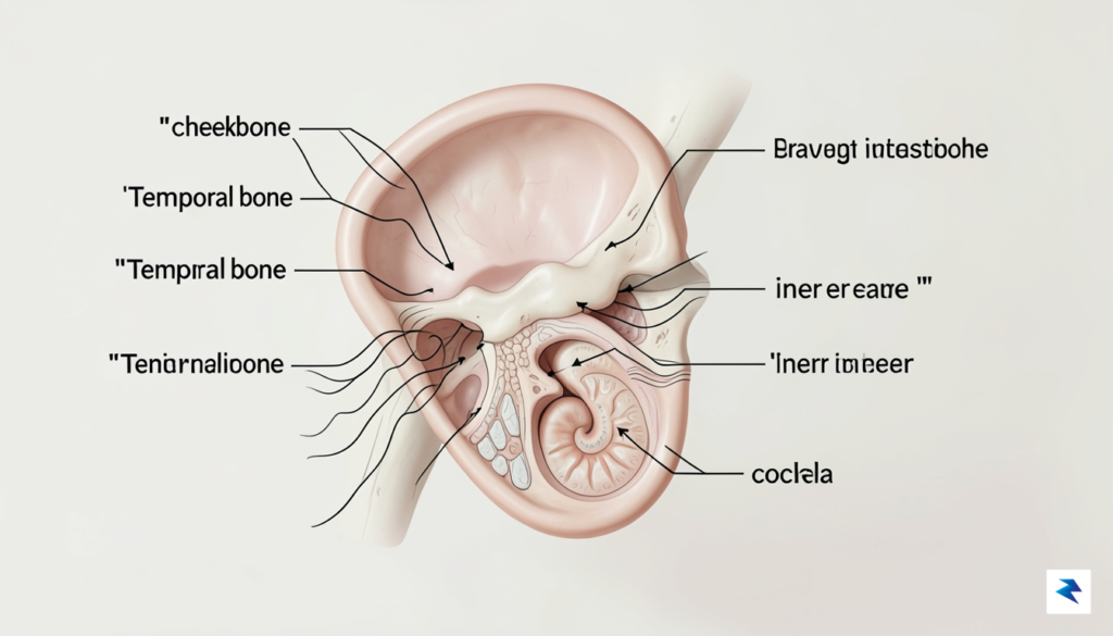 A detailed anatomical diagram showing the path of sound vibrations…