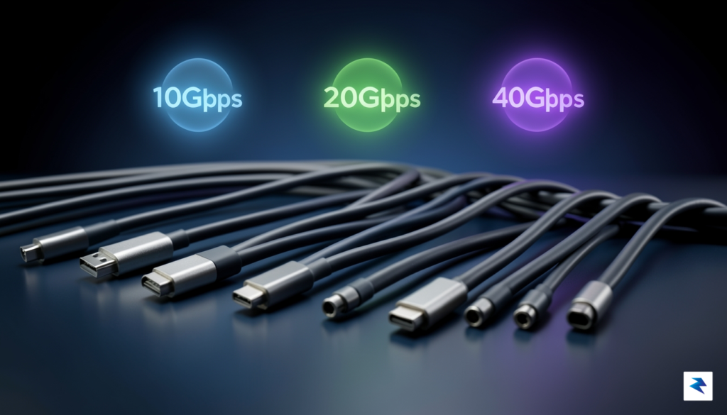 A high-resolution studio photograph showing various USB-C cables and connectors,&hellip;