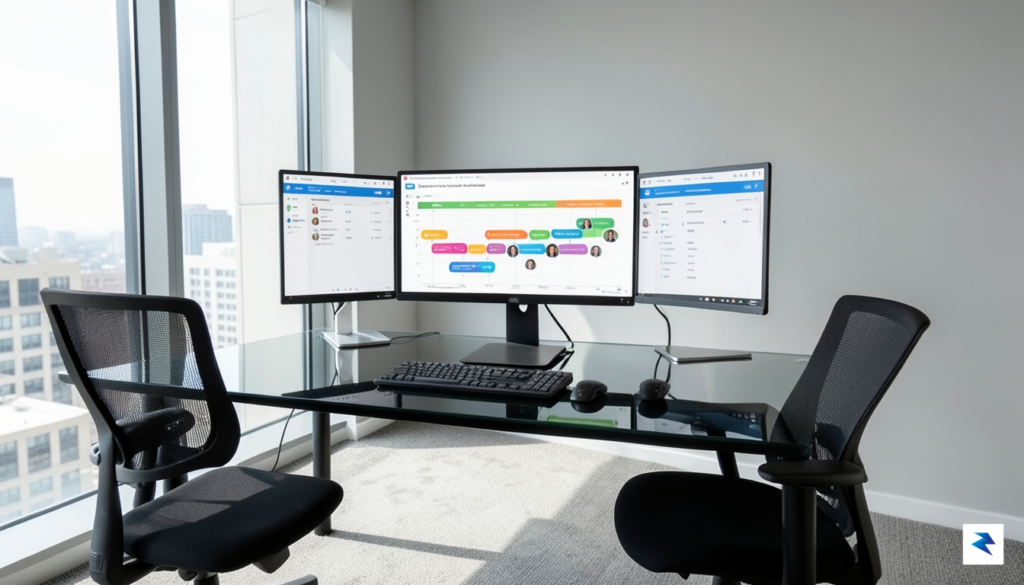 A clean, modern office workspace featuring multiple monitors displaying a&hellip;