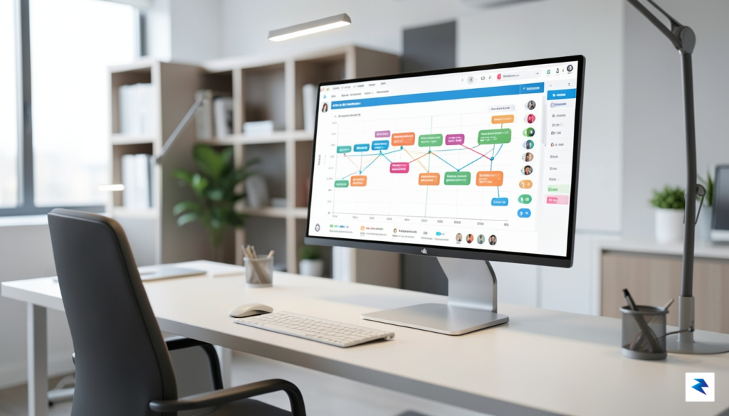 A modern, sleek office workspace with a large monitor displaying&hellip;