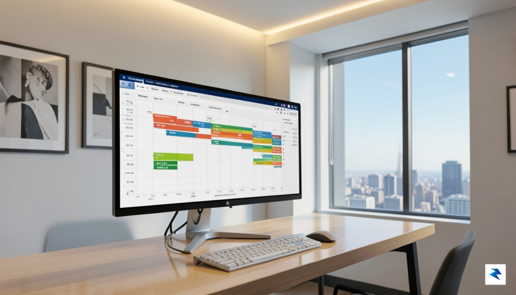 A high-resolution, modern digital workspace showing a sleek, interactive Gantt&hellip;