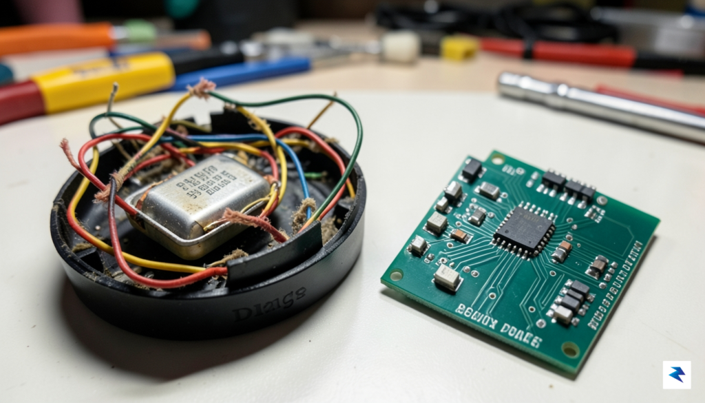 A close-up, high-quality photograph of a disassembled, cheap magnetic power…