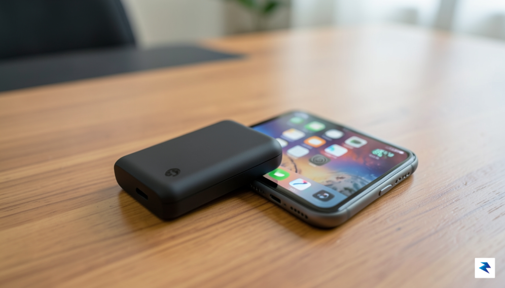 A close-up, high-resolution shot of a sleek, matte-black Anker MagGo…