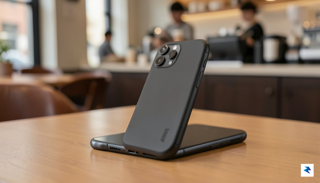 A close-up shot of a high-quality magnetic power bank attached…