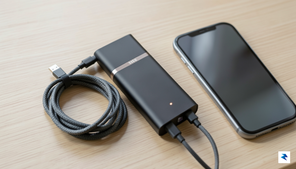 A close-up flat lay photograph showing a sleek, modern power…