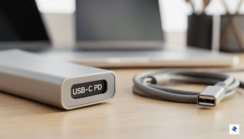 A close-up, high-detail photo of a power bank port showing…