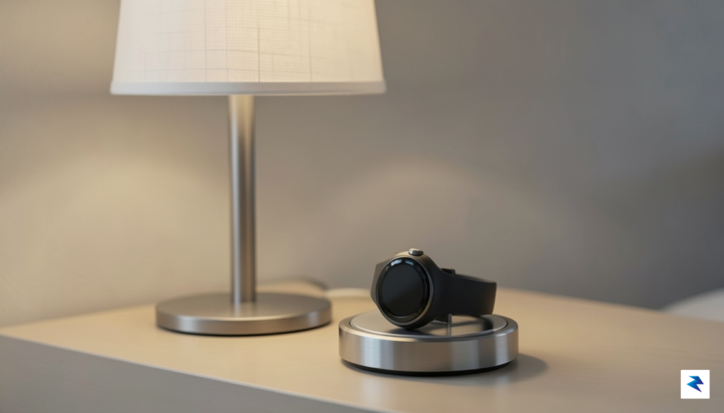 A close-up shot of a smartwatch charging on a magnetic&hellip;
