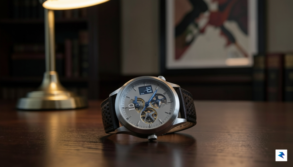 A close-up, high-resolution lifestyle photograph of a luxury hybrid smartwatch&hellip;