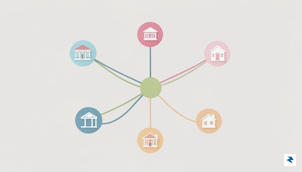 A clean, minimalist architectural diagram showing a decentralized network of…