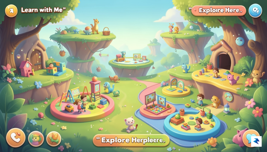 A vibrant, whimsical digital landscape for children featuring interactive learning…