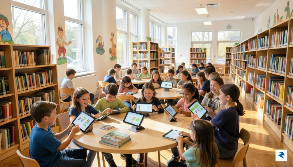 A diverse group of children happily reading and interacting with…