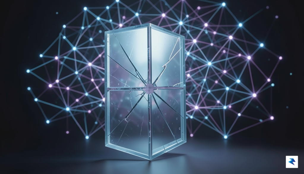 A digital illustration showing a cracked glass shield wall standing…