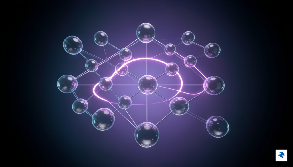 A conceptual data visualization showing a series of interconnected nodes…