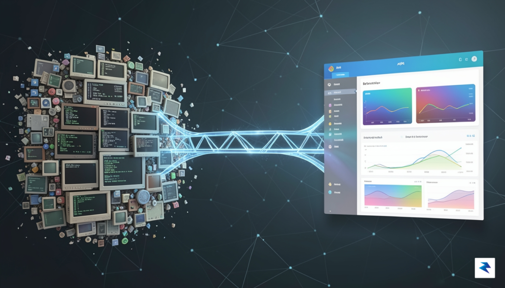 A conceptual illustration showing a digital bridge connecting a chaotic,…