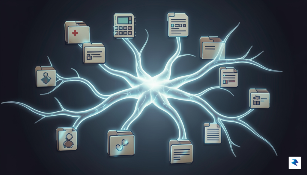 An abstract visualization of a glowing digital nervous system connecting…