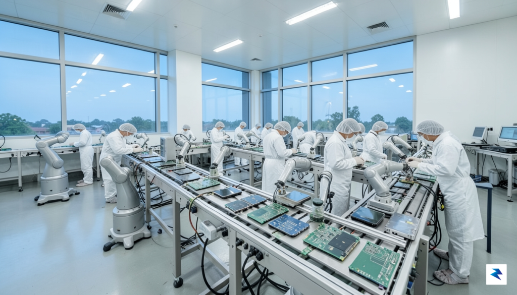 A wide-angle, high-resolution shot inside a modern, sterile smartphone assembly…
