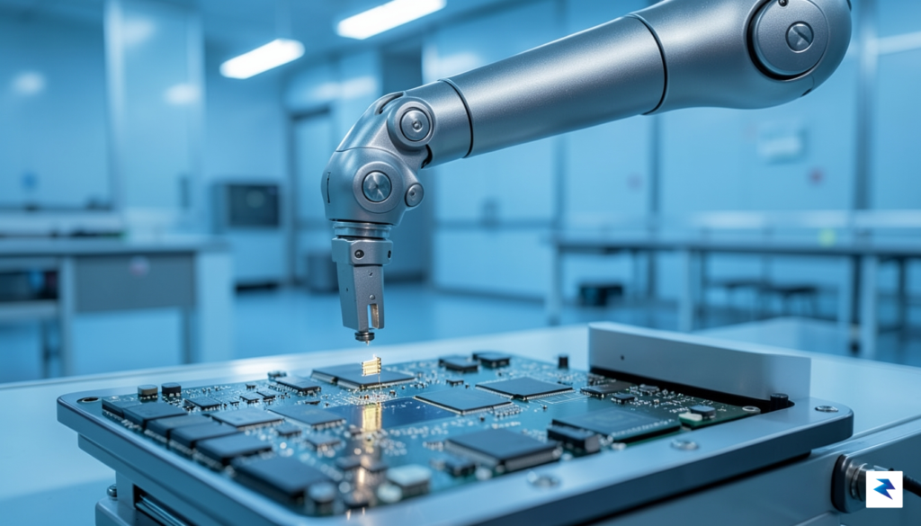 A close-up, high-definition photograph of an automated robotic arm precision-placing…