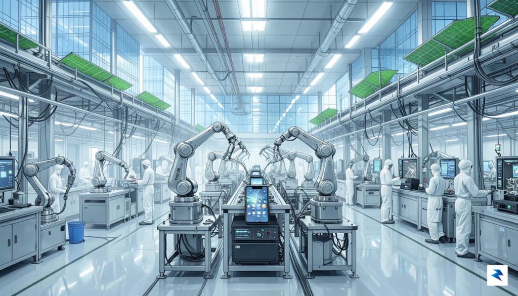 A conceptual digital illustration showing a futuristic, high-tech smartphone assembly…